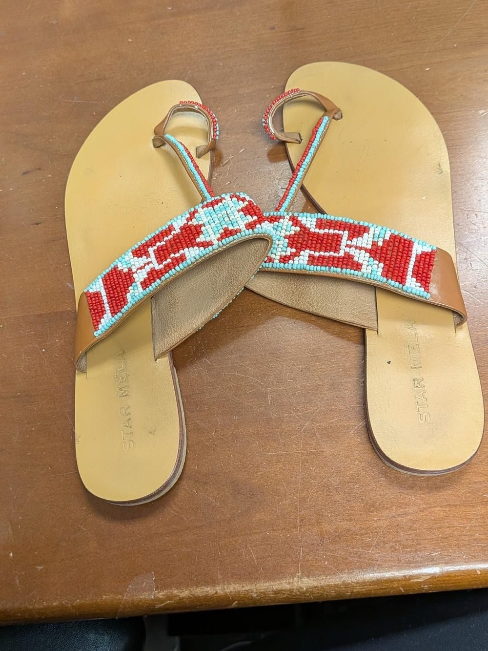 Star Mela Red and Turquoise Beaded Leather Sandals with Tan Footbed